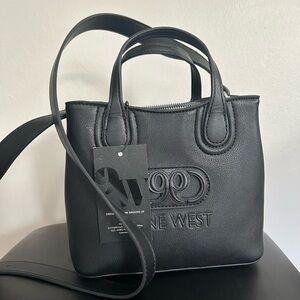 Nine West Black Leatherette Satchel with Embossed Logo